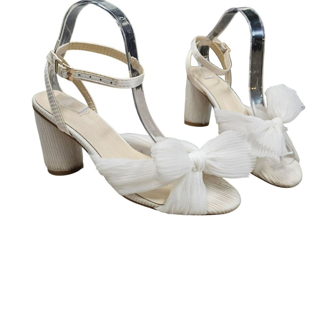 White Strappy High Block Round‎ Heel Sandals Gauzy Bow Chunky Heel Cottage Girly